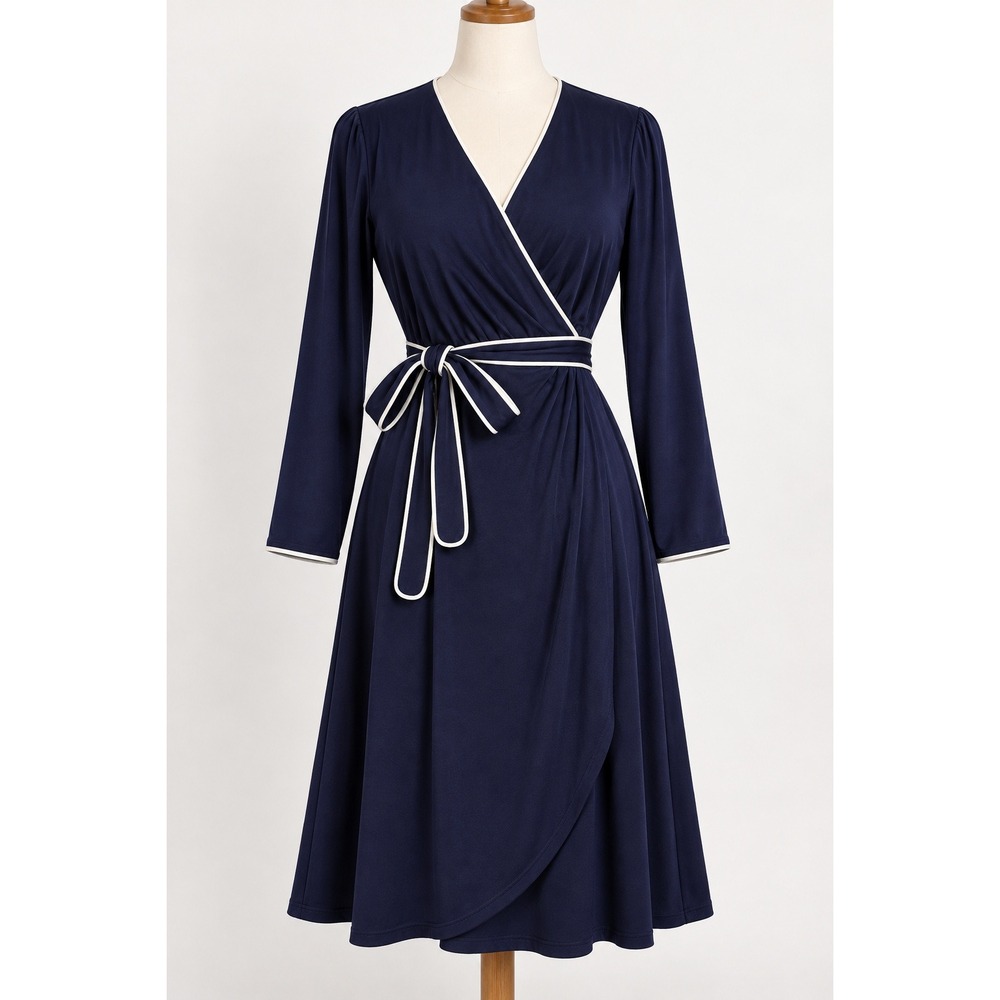 Alexia Admor Jersey Wrap Dress 1X Navy Ivory Long Sleeve Quiet Luxury Office
